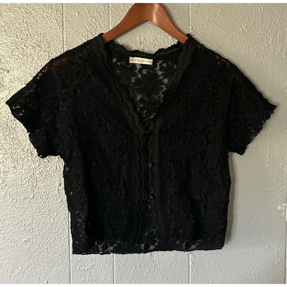 Women's Black Short Sleeve Lace Button Crop Top Cardigan Whimsigoth Size S